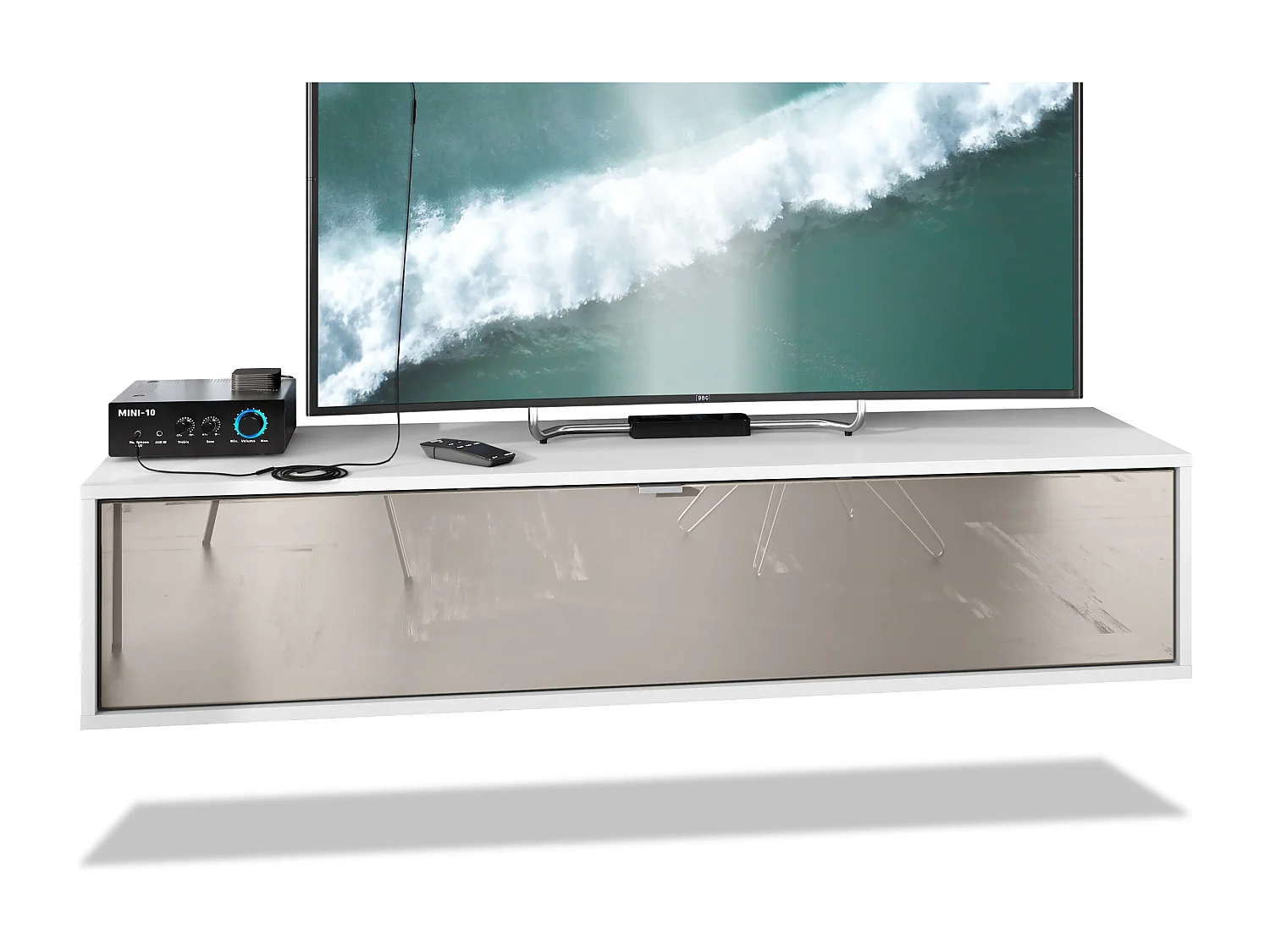 TV Board Lana 140 mobile da parete Porta TV 140 x 29 x 37 cm, struttura in bianco opaco, frontali in grigio sabbia High Gloss | Ampia scelta di colori