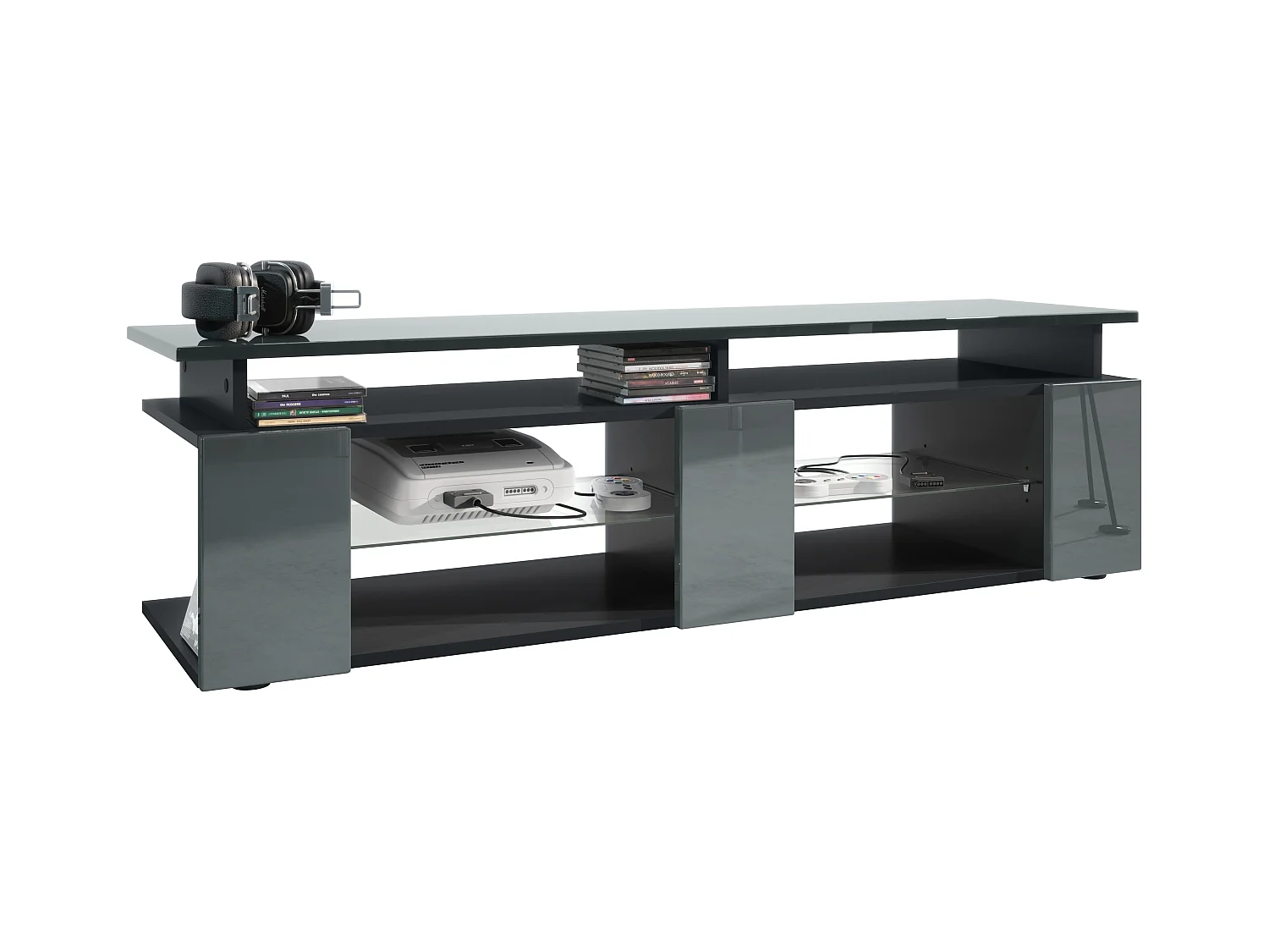 TV Board Movie V2 Game On Lowboard 138,5 x 39 x 39 cm , caisson en noir mat, façades en gris haute brillance