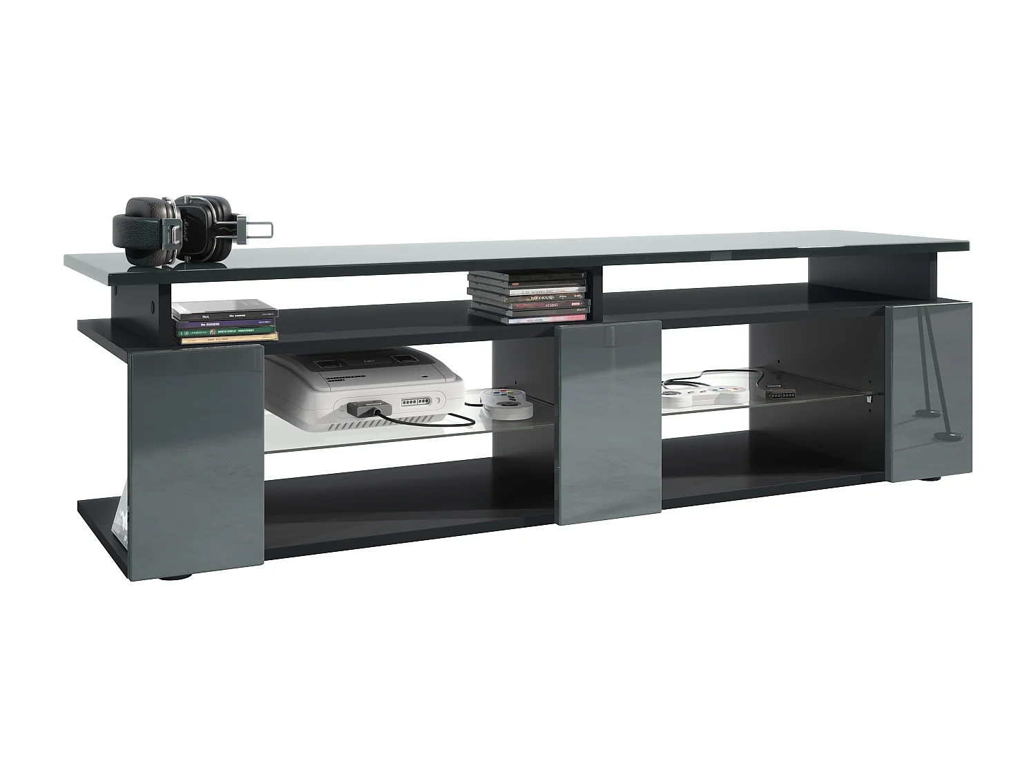 TV Board Movie V2 Game On Lowboard 138,5 x 39 x 39 cm , caisson en noir mat, façades en gris haute brillance