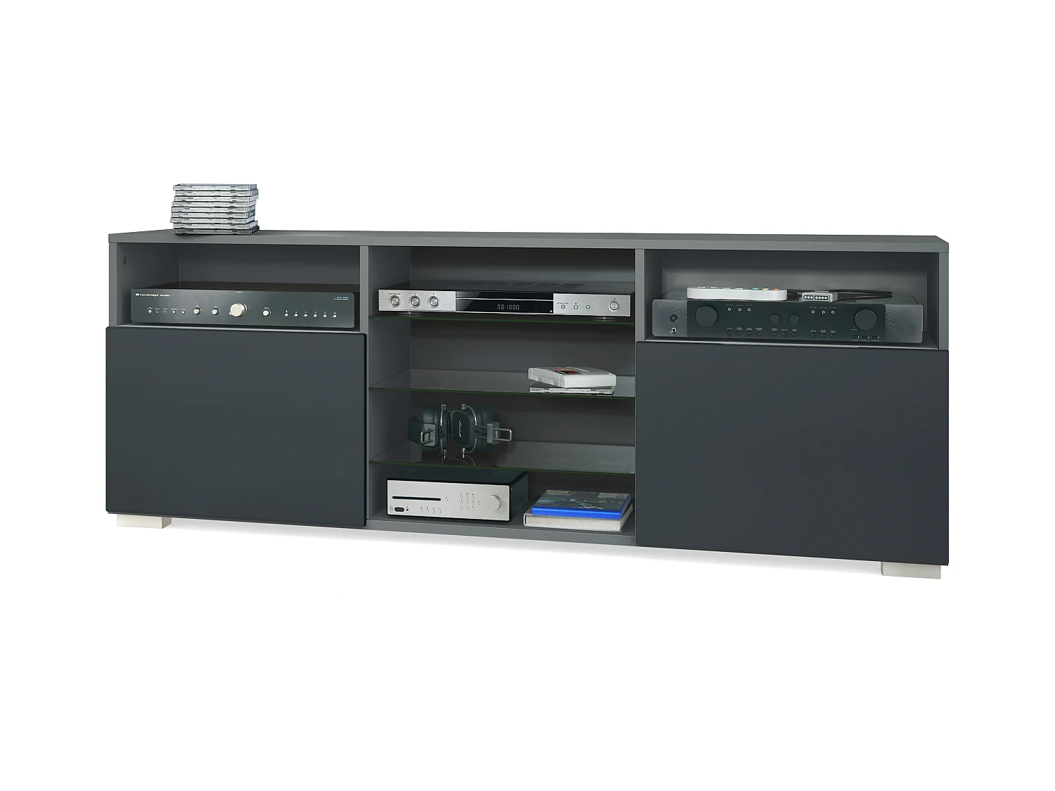 Meuble TV Granada, Lowboard avec 2 portes et 6 compartiments ouverts, corps anthracite mat, façades en noir mat (146 x 54 x 35 cm)