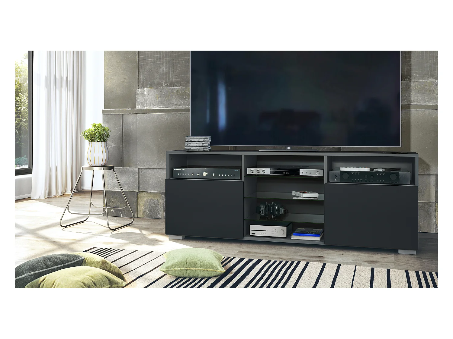 Meuble TV Granada, Lowboard avec 2 portes et 6 compartiments ouverts, corps anthracite mat, façades en noir mat (146 x 54 x 35 cm)