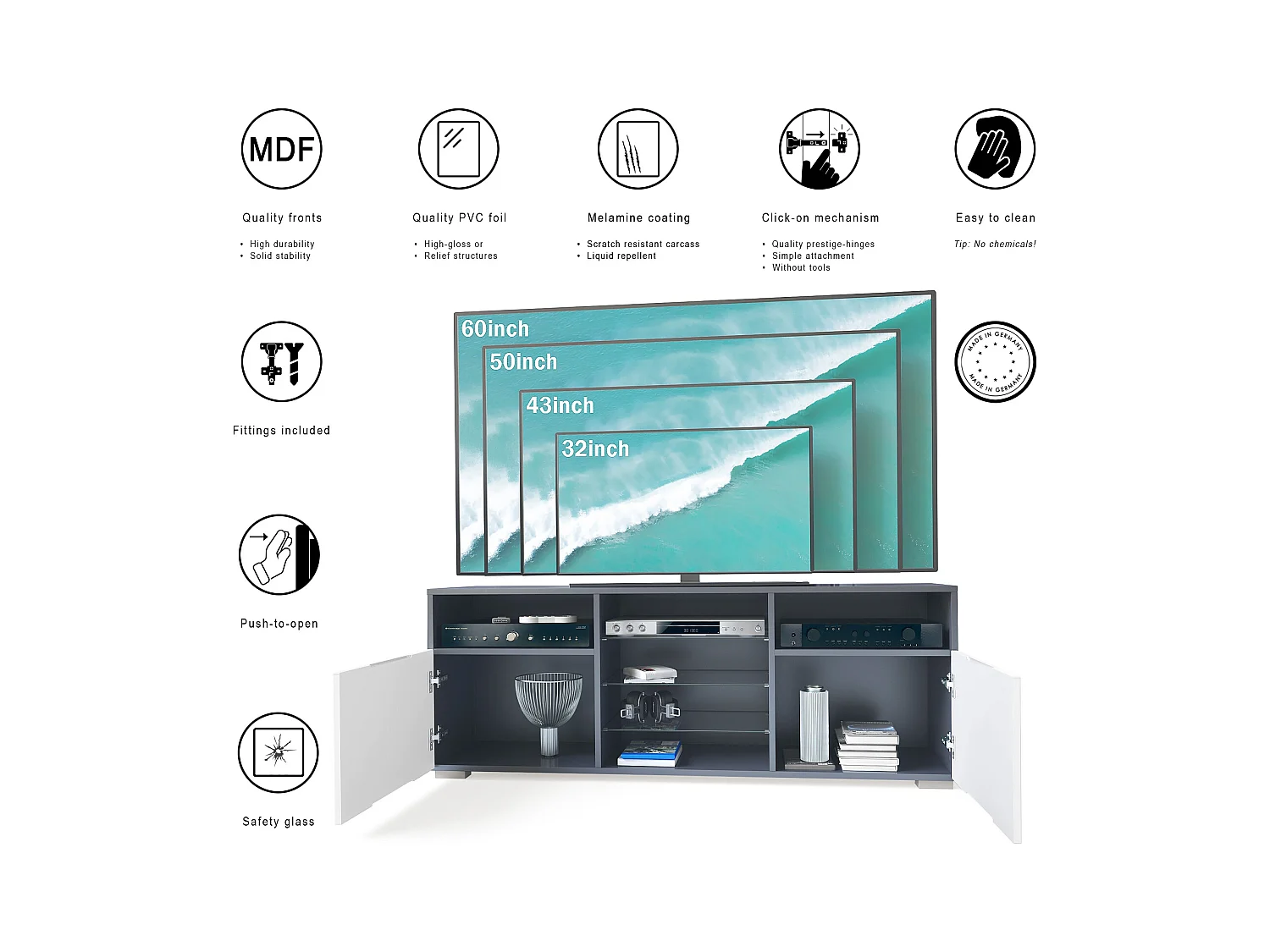 Meuble TV Granada, Lowboard avec 2 portes et 6 compartiments ouverts, corps anthracite mat, façades en noir mat (146 x 54 x 35 cm)