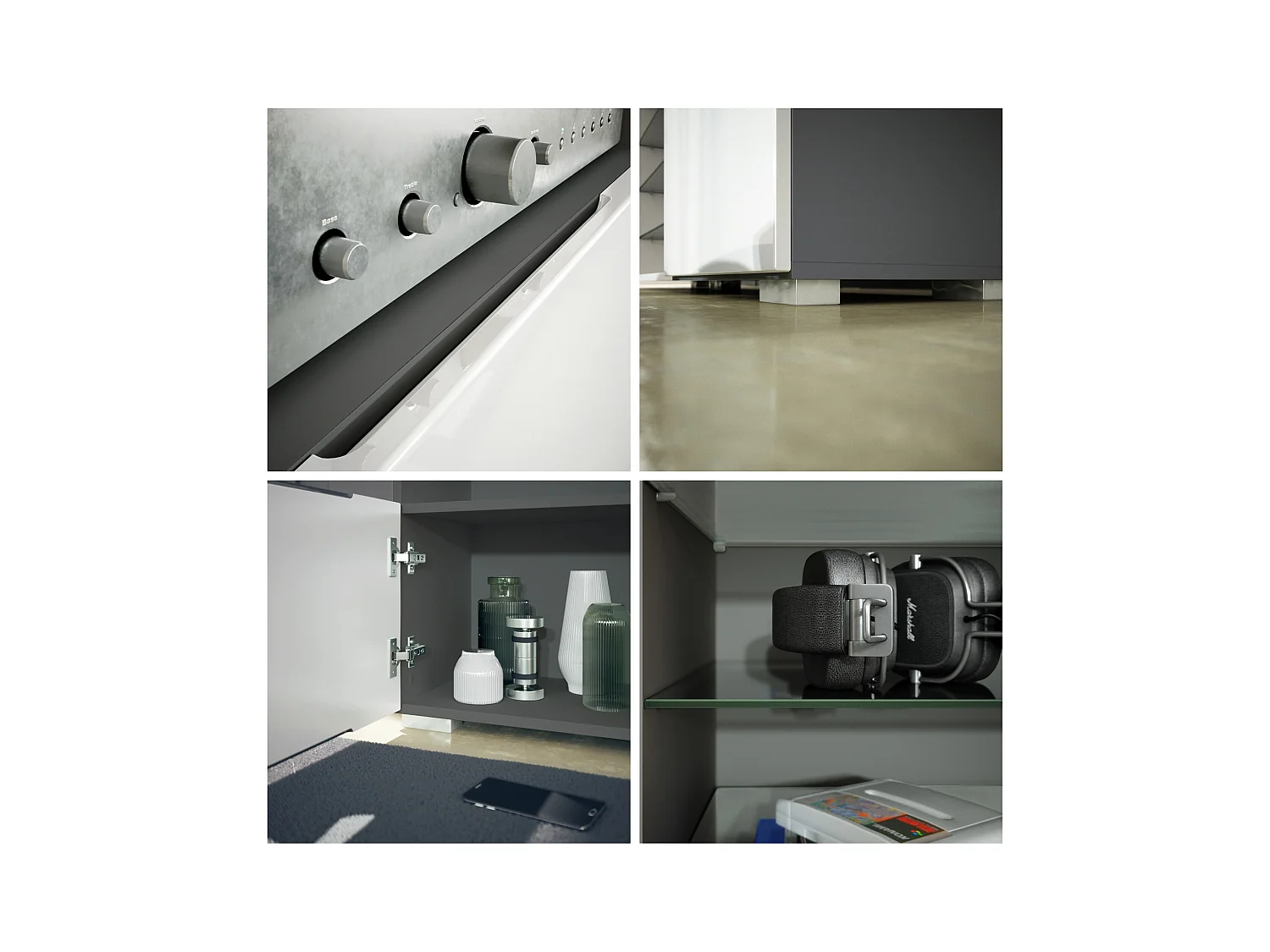 Meuble TV Granada, Lowboard avec 2 portes et 6 compartiments ouverts, corps anthracite mat, façades en noir mat (146 x 54 x 35 cm)