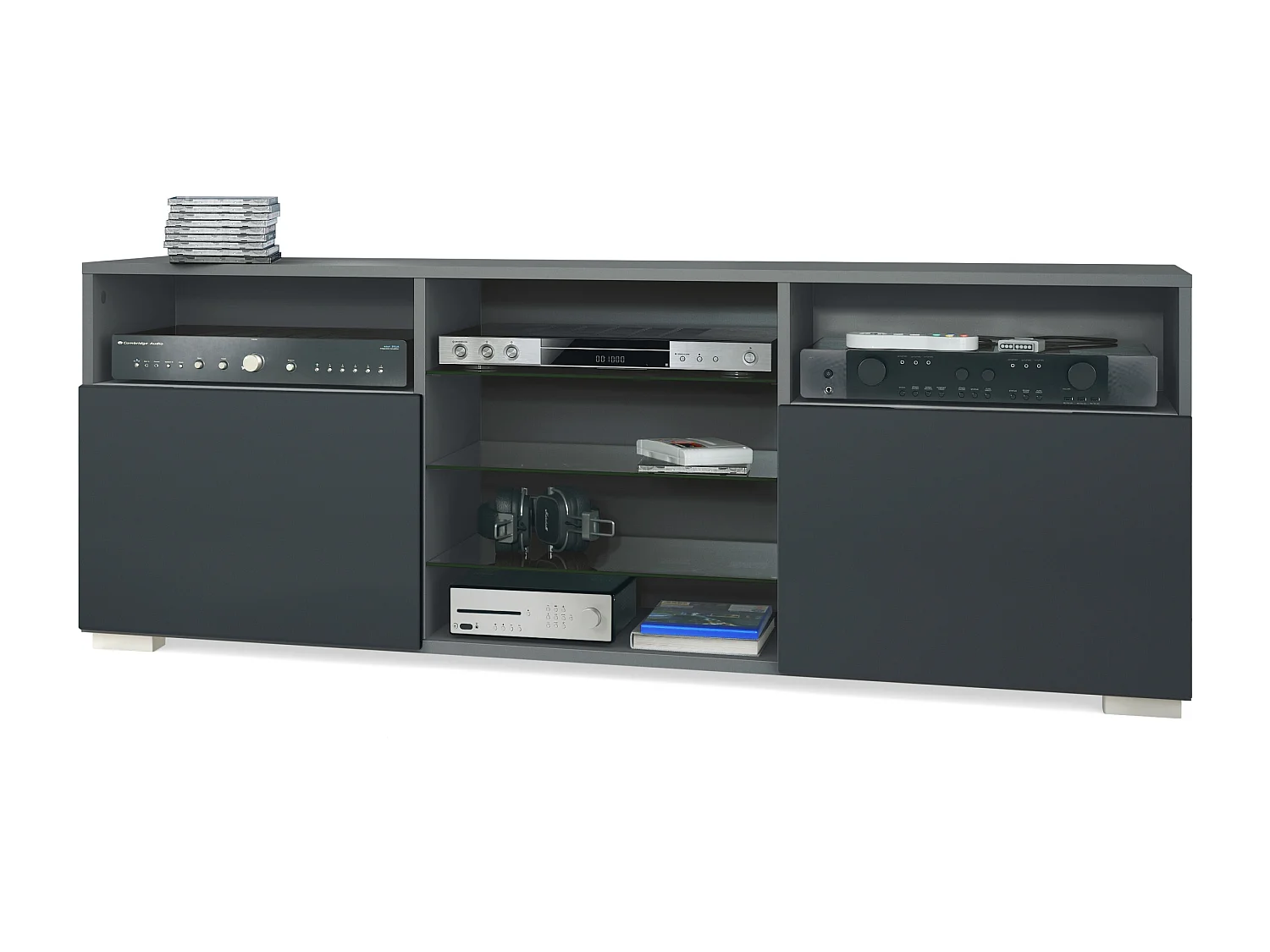 Meuble TV Granada, Lowboard avec 2 portes et 6 compartiments ouverts, corps anthracite mat, façades en noir mat (146 x 54 x 35 cm)