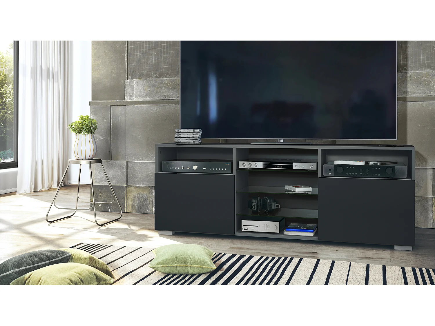 Meuble TV Granada, Lowboard avec 2 portes et 6 compartiments ouverts, corps anthracite mat, façades en noir mat (146 x 54 x 35 cm)