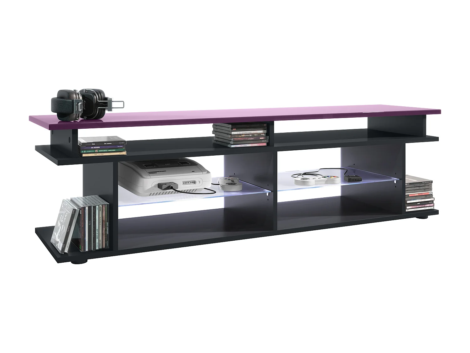 TV Board Movie V3 Game On 138,5 x 39 x 37,5 cm éclairage LED inclus Blanc, caisson en noir mat, élément supérieur en mûre haute brillance