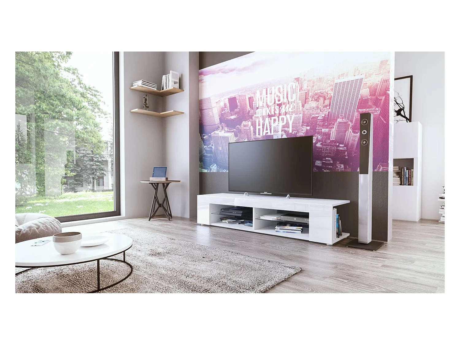Buffet bas Movie, Meuble TV avec 4 compartiments ouverts et placages décoratifs, Blanc mat/Blanc haute brillance (134 x 29 x 39 cm)