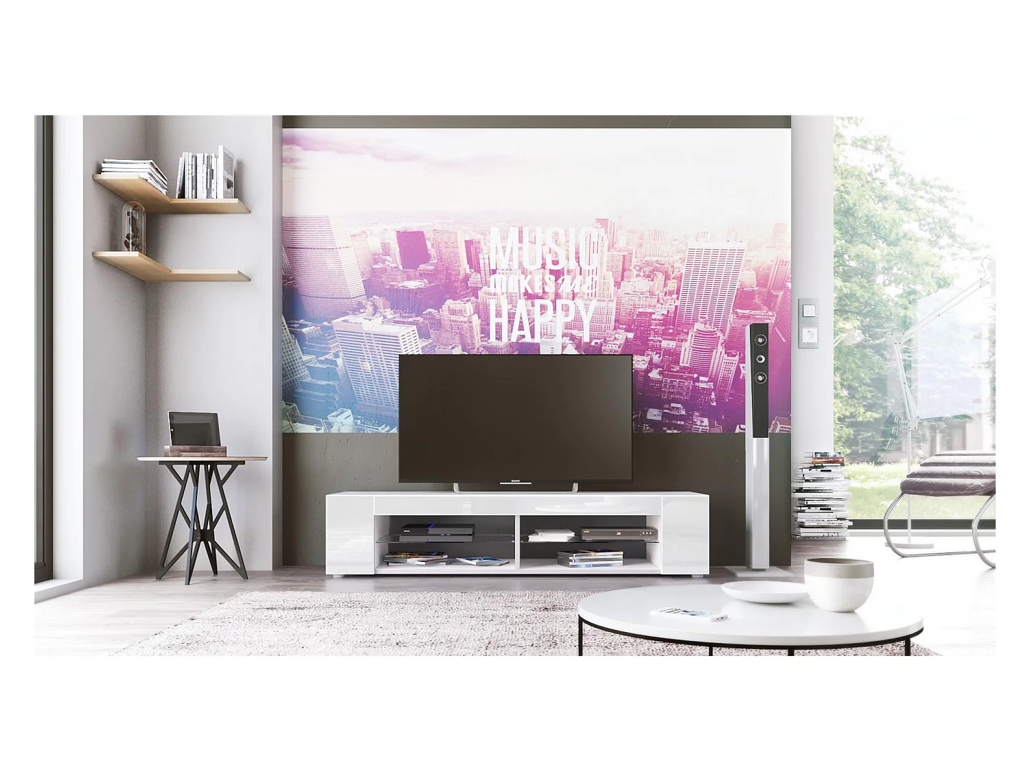 Buffet bas Movie, Meuble TV avec 4 compartiments ouverts et placages décoratifs, Blanc mat/Blanc haute brillance (134 x 29 x 39 cm)