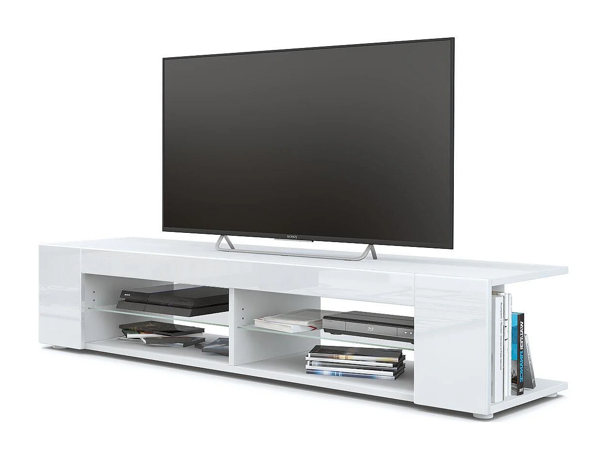 Buffet bas Movie, Meuble TV avec 4 compartiments ouverts et placages décoratifs, Blanc mat/Blanc haute brillance (134 x 29 x 39 cm)