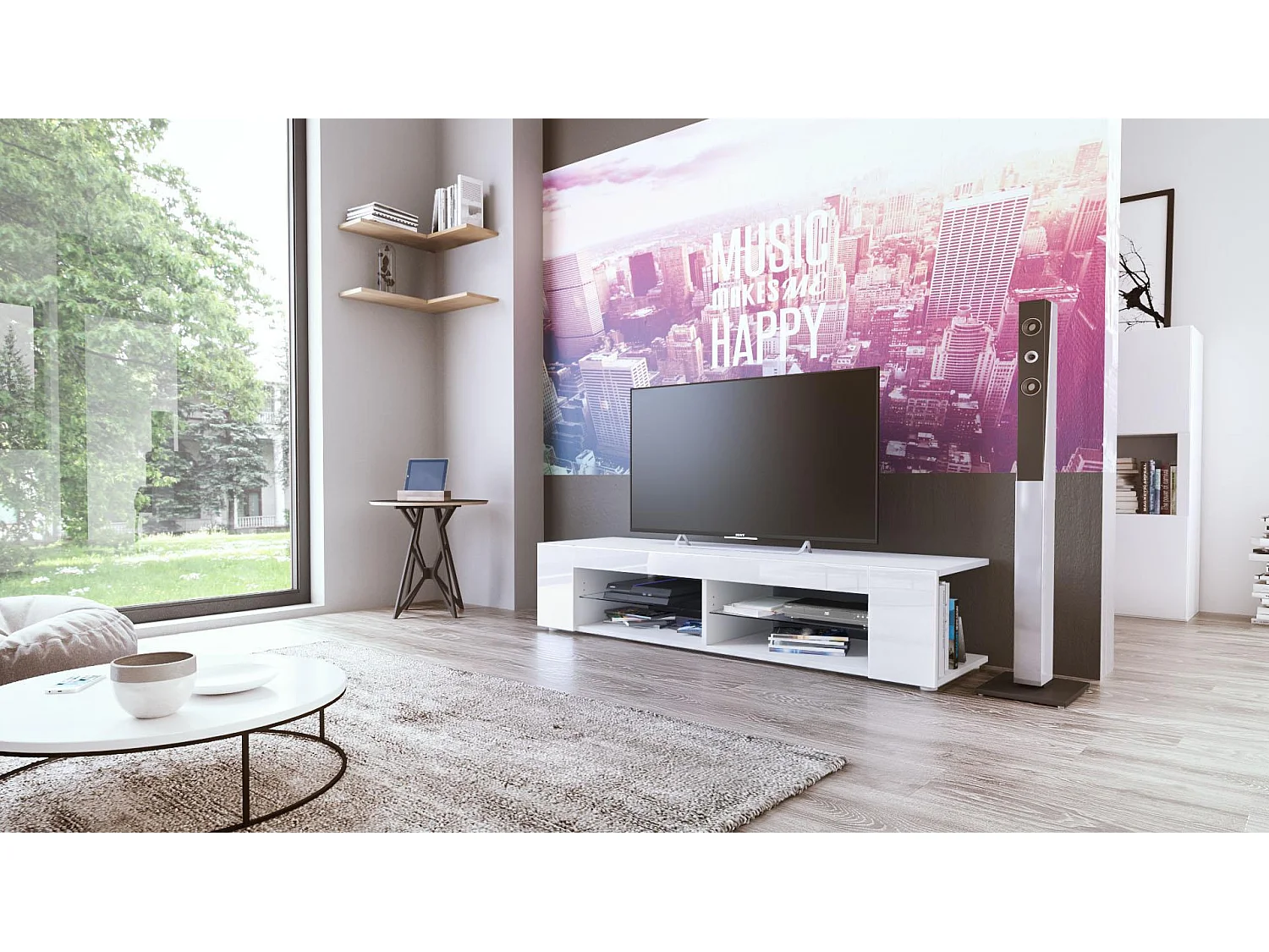 Buffet bas Movie, Meuble TV avec 4 compartiments ouverts et placages décoratifs, Blanc mat/Blanc haute brillance (134 x 29 x 39 cm)