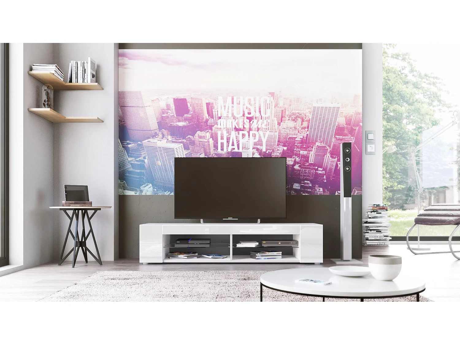Buffet bas Movie, Meuble TV avec 4 compartiments ouverts et placages décoratifs, Blanc mat/Blanc haute brillance (134 x 29 x 39 cm)