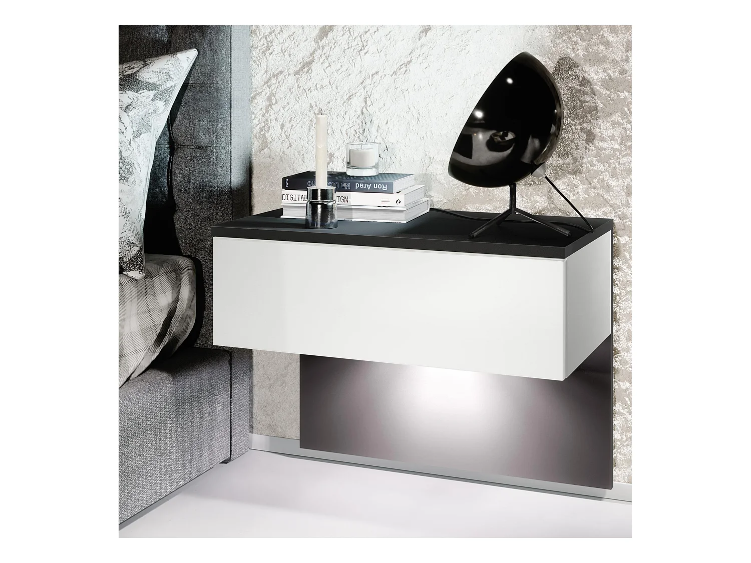 Table de chevet Sleep, Table de nuit à fixation murale avec tiroir, Noir mat/Blanc mat, éclairage LED inclus (60 x 46 x 35 cm)
