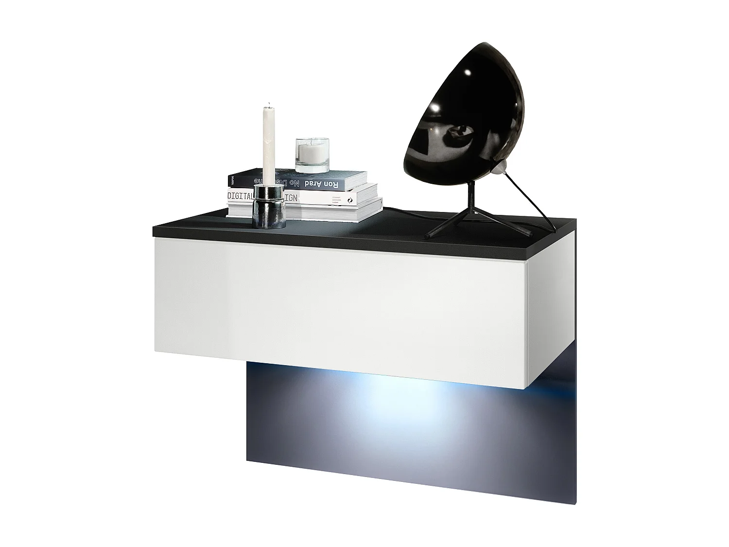 Table de chevet Sleep, Table de nuit à fixation murale avec tiroir, Noir mat/Blanc mat, éclairage LED inclus (60 x 46 x 35 cm)