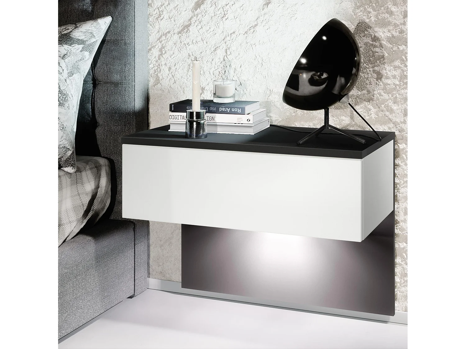 Table de chevet Sleep, Table de nuit à fixation murale avec tiroir, Noir mat/Blanc mat, éclairage LED inclus (60 x 46 x 35 cm)