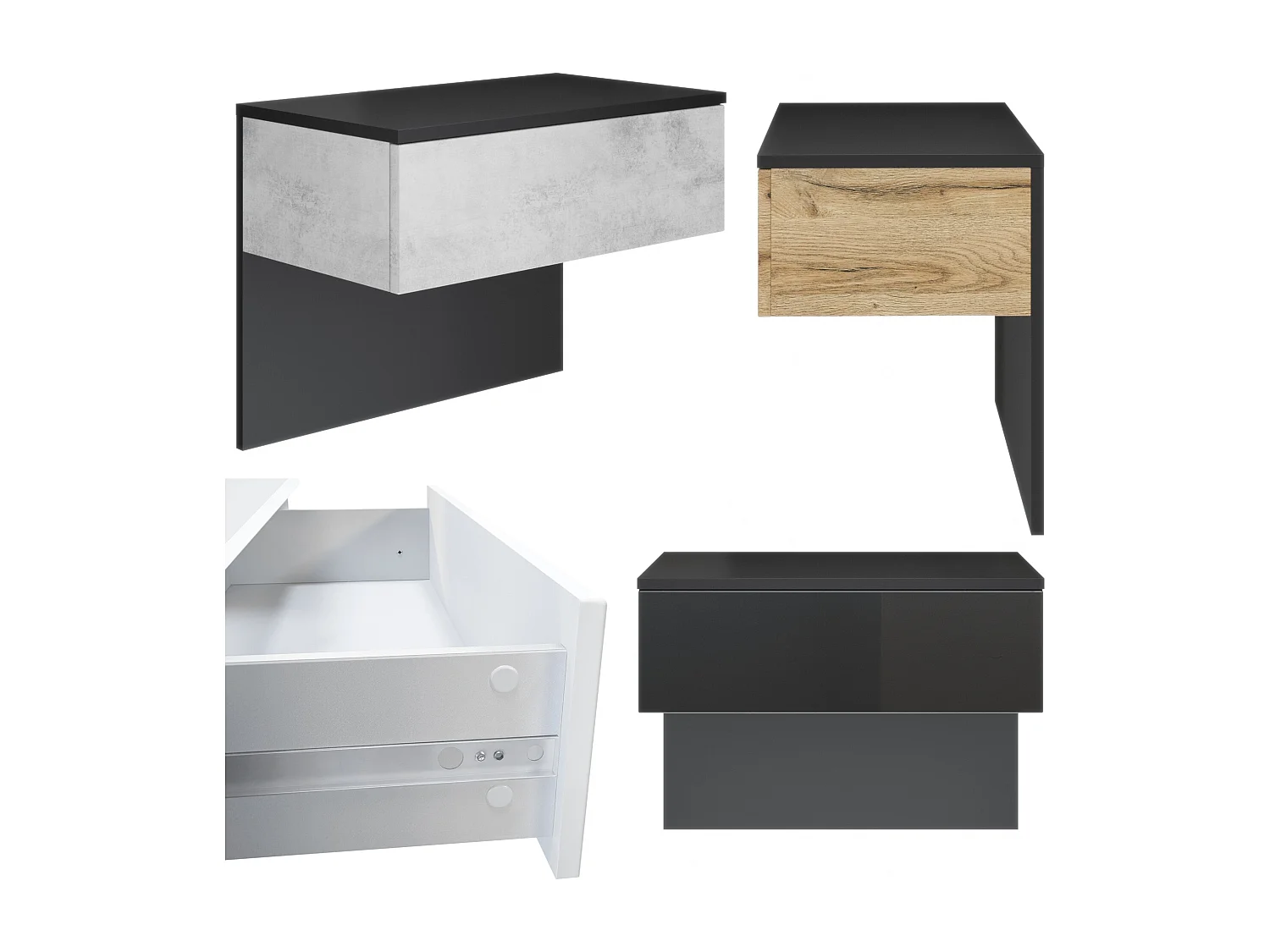 Table de chevet Sleep, Table de nuit à fixation murale avec tiroir, Noir mat/Blanc mat, éclairage LED inclus (60 x 46 x 35 cm)