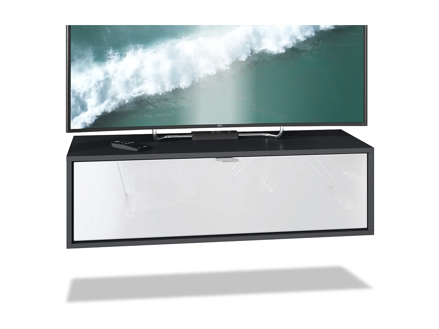 Meuble TV Lana 100 armoire murale lowboard 100 x 29 x 37 cm, caisson en noir mat, façades en blanc haute brillance | Grand choix de couleurs