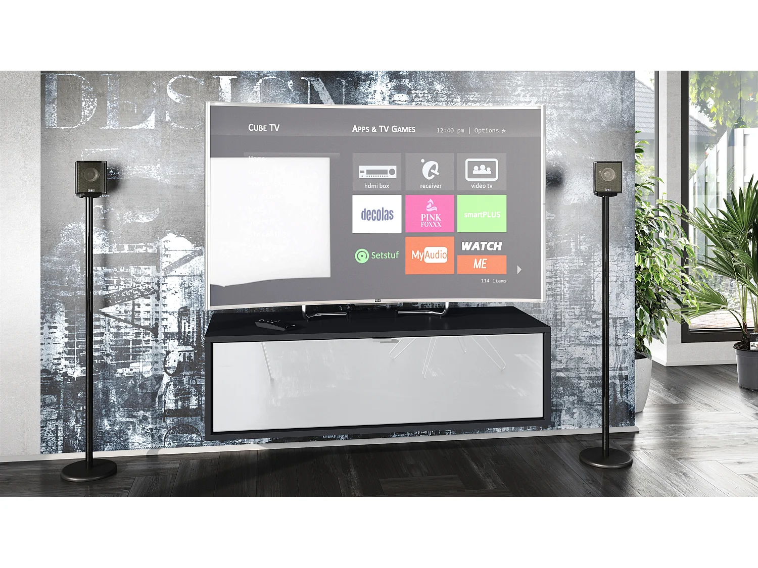 Meuble TV Lana 100 armoire murale lowboard 100 x 29 x 37 cm, caisson en noir mat, façades en blanc haute brillance | Grand choix de couleurs