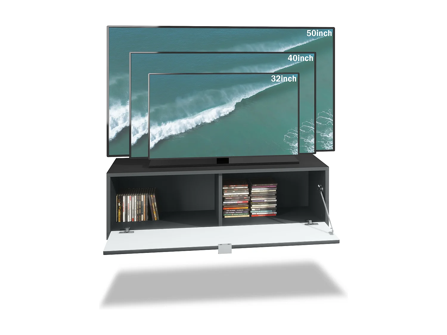 Meuble TV Lana 100 armoire murale lowboard 100 x 29 x 37 cm, caisson en noir mat, façades en blanc haute brillance | Grand choix de couleurs