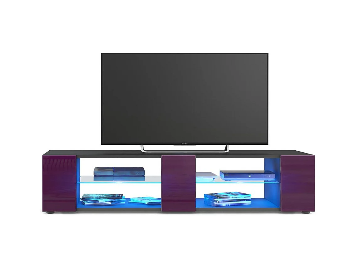 Buffet bas Movie V2, Meuble TV avec 6 compartiments ouverts et placages décoratifs, Noir mat/Mûre brillant, éclairage LED bleu inclus (134 x 29 x 39 cm)