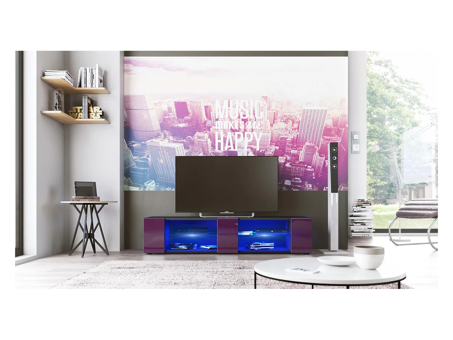 Buffet bas Movie V2, Meuble TV avec 6 compartiments ouverts et placages décoratifs, Noir mat/Mûre brillant, éclairage LED bleu inclus (134 x 29 x 39 cm)