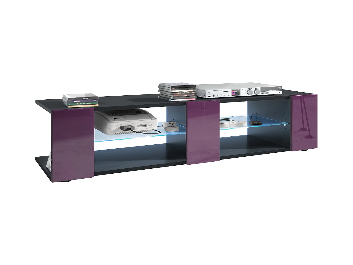 Buffet bas Movie V2, Meuble TV avec 6 compartiments ouverts et placages décoratifs, Noir mat/Mûre brillant, éclairage LED bleu inclus (134 x 29 x 39 cm)