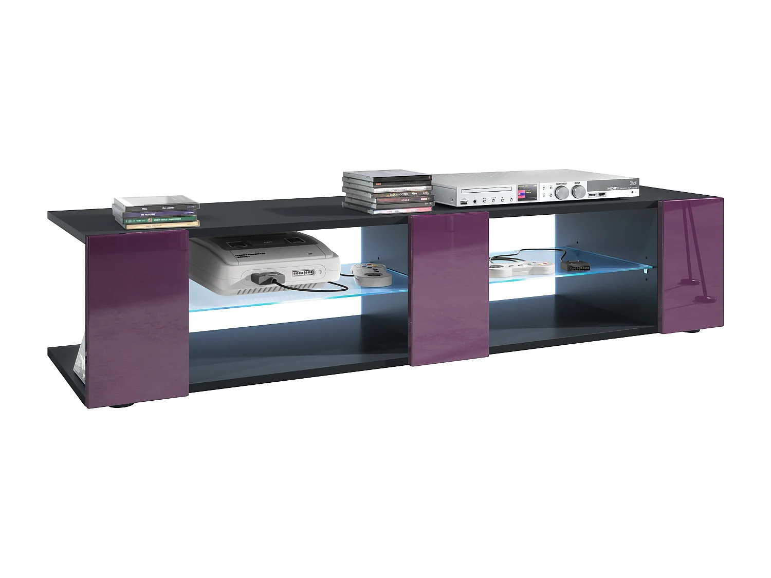 Buffet bas Movie V2, Meuble TV avec 6 compartiments ouverts et placages décoratifs, Noir mat/Mûre brillant, éclairage LED bleu inclus (134 x 29 x 39 cm)