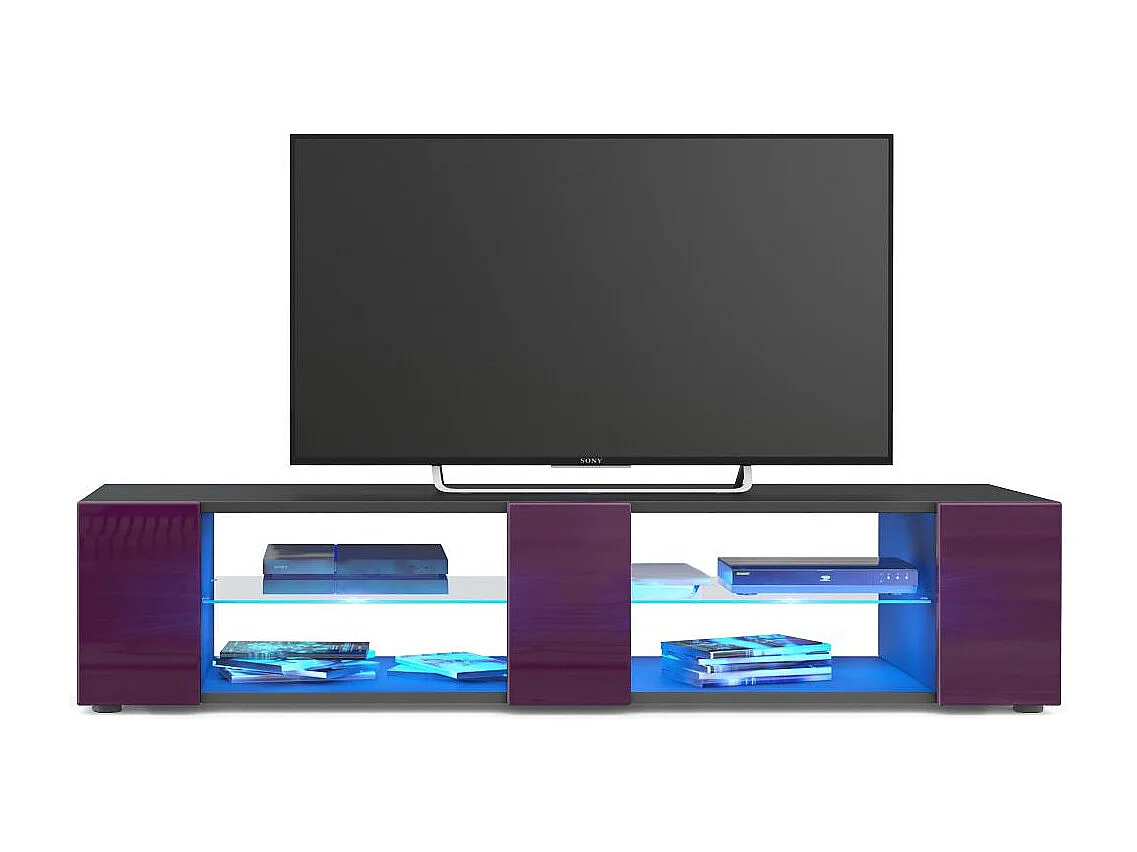 Buffet bas Movie V2, Meuble TV avec 6 compartiments ouverts et placages décoratifs, Noir mat/Mûre brillant, éclairage LED bleu inclus (134 x 29 x 39 cm)