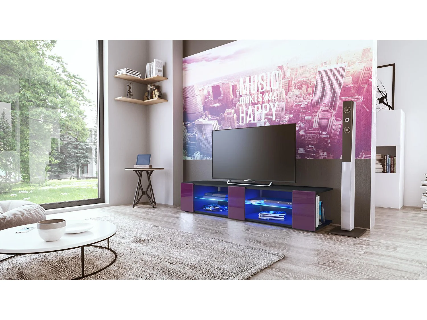 Buffet bas Movie V2, Meuble TV avec 6 compartiments ouverts et placages décoratifs, Noir mat/Mûre brillant, éclairage LED bleu inclus (134 x 29 x 39 cm)
