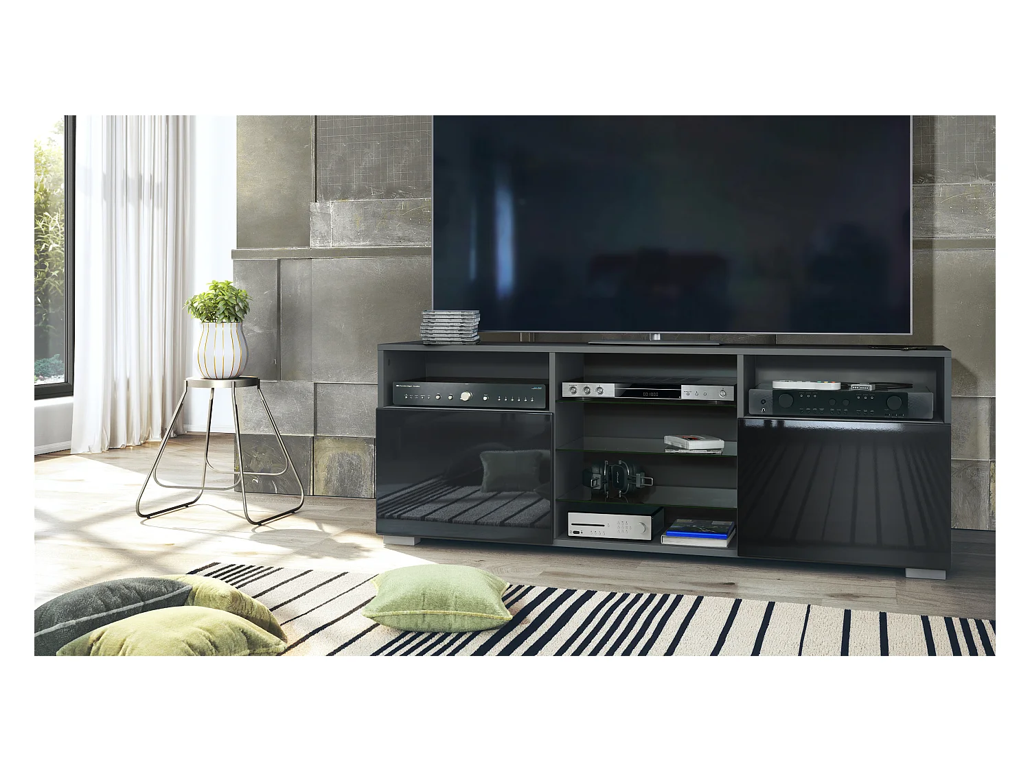 Meuble TV Granada, Lowboard avec 2 portes et 6 compartiments ouverts, corps anthracite mat, façades en noir haute brillance (146 x 54 x 35 cm)