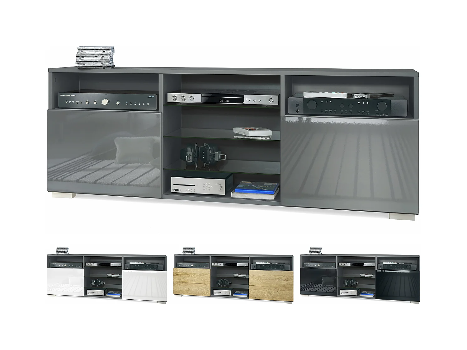 Meuble TV Granada, Lowboard avec 2 portes et 6 compartiments ouverts, corps anthracite mat, façades en noir haute brillance (146 x 54 x 35 cm)