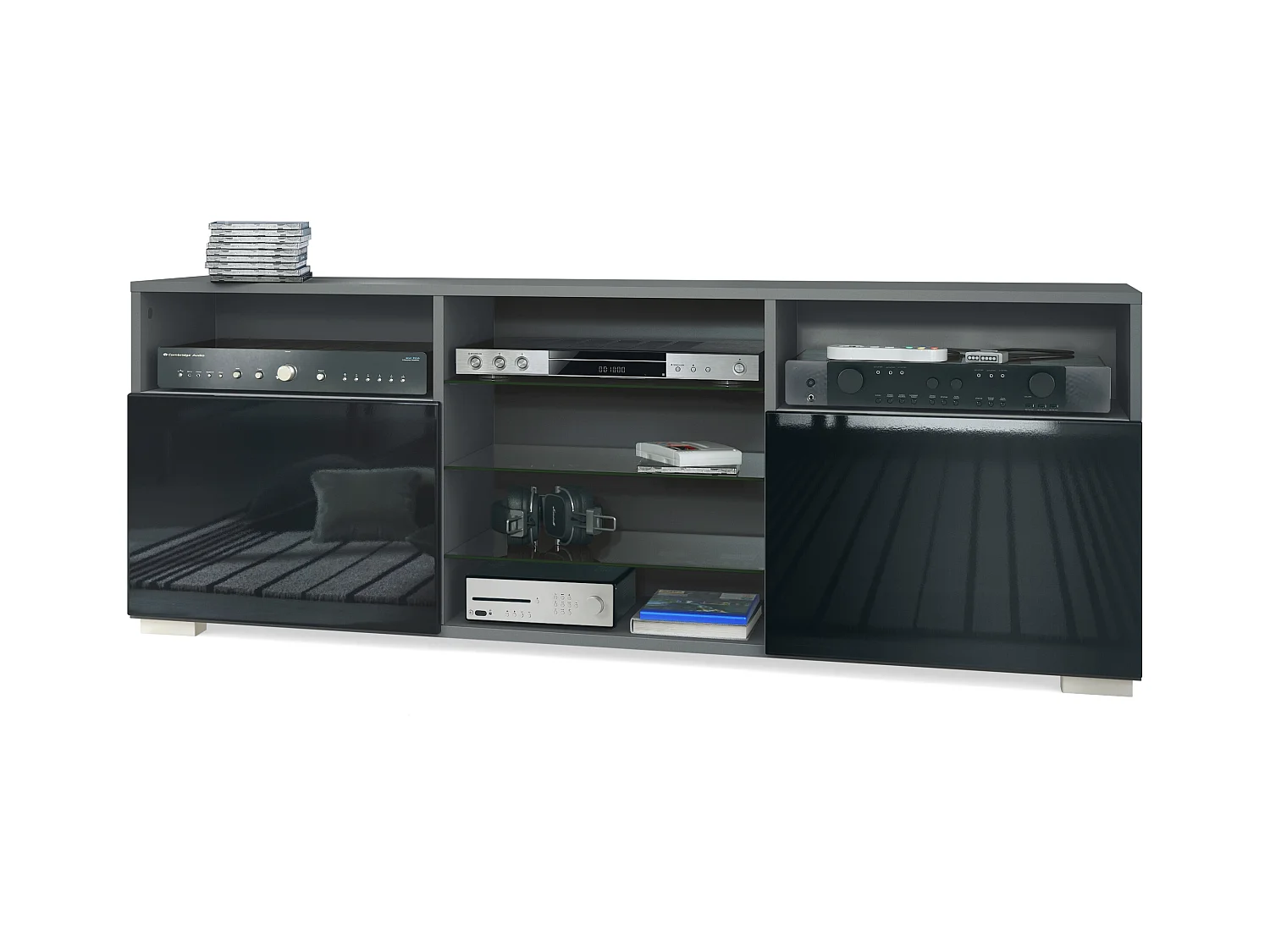 Meuble TV Granada, Lowboard avec 2 portes et 6 compartiments ouverts, corps anthracite mat, façades en noir haute brillance (146 x 54 x 35 cm)