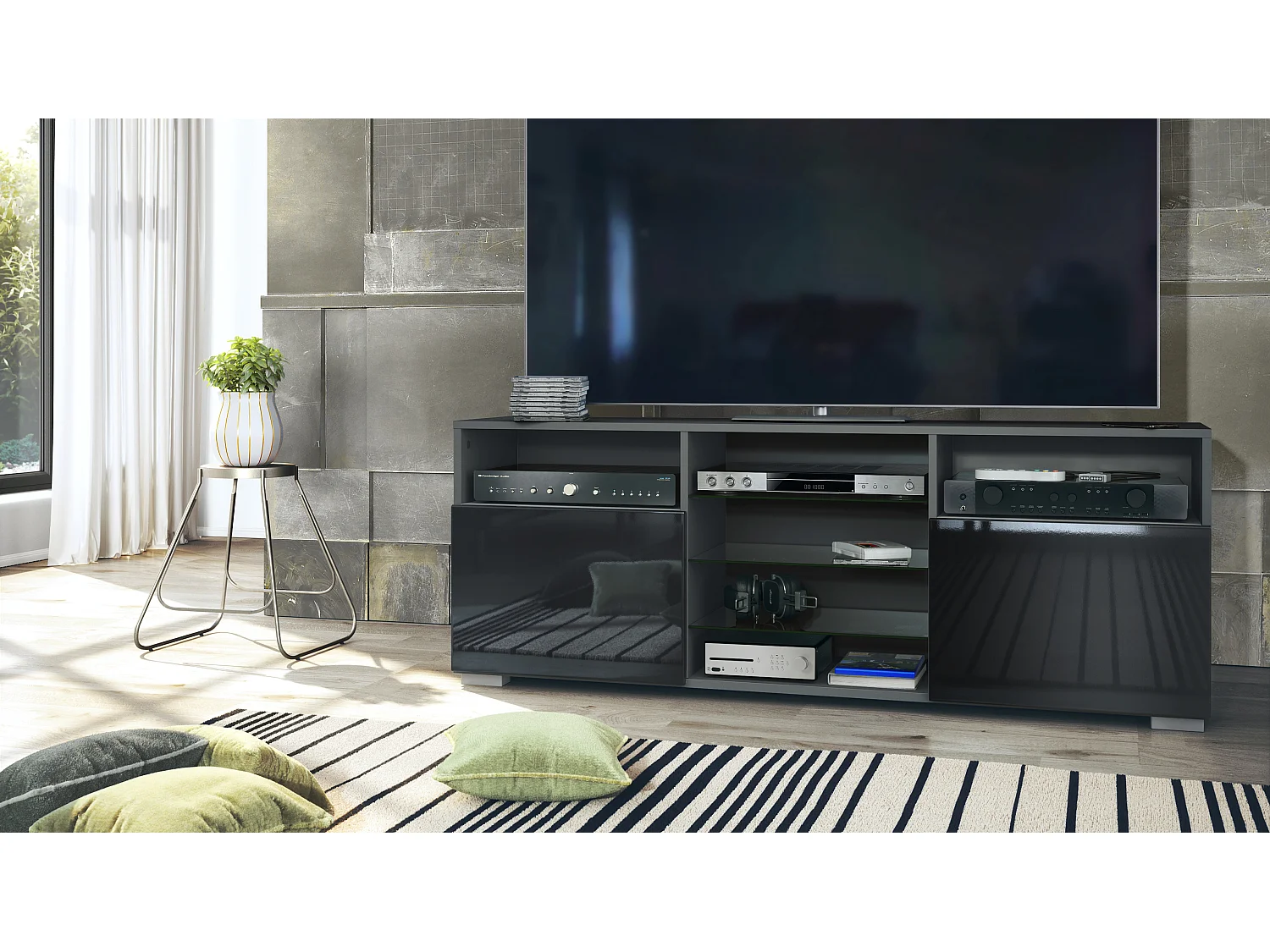 Meuble TV Granada, Lowboard avec 2 portes et 6 compartiments ouverts, corps anthracite mat, façades en noir haute brillance (146 x 54 x 35 cm)