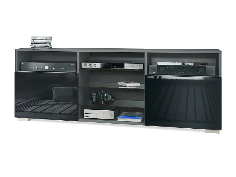 Meuble TV Granada, Lowboard avec 2 portes et 6 compartiments ouverts, corps anthracite mat, façades en noir haute brillance (146 x 54 x 35 cm)