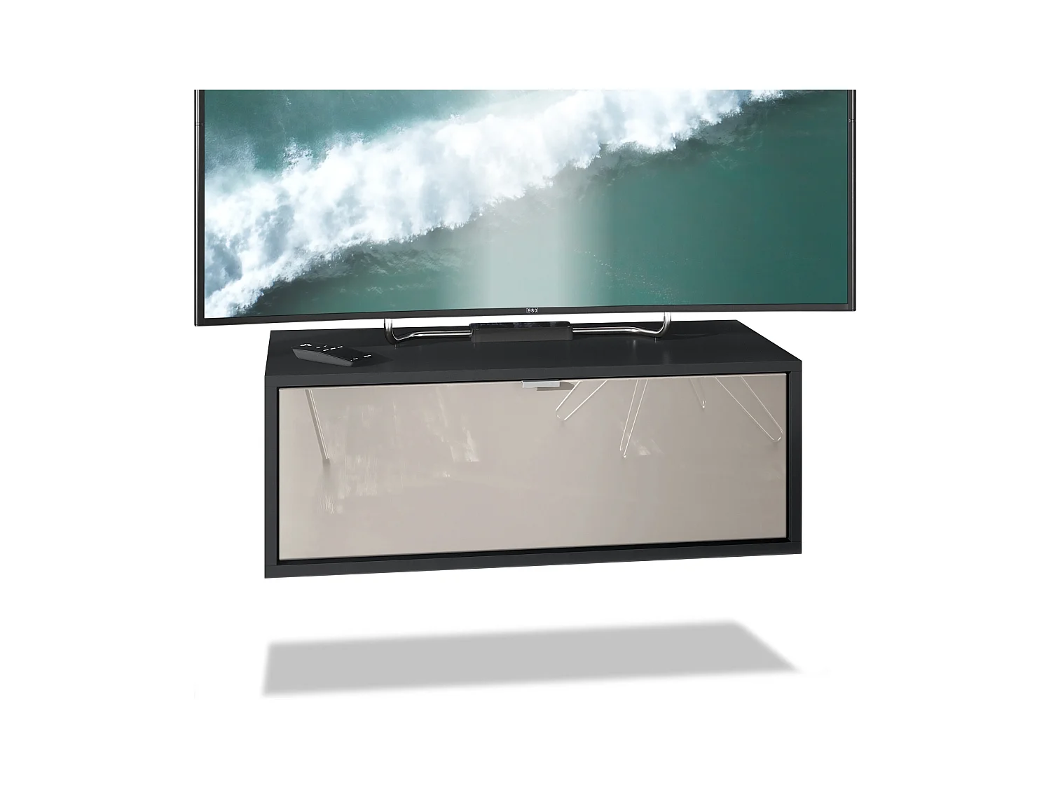 Meuble TV Lana 80 armoire murale lowboard 80 x 29 x 37 cm, caisson en noir mat, façades en gris sable haute brillance | Grand choix de couleurs