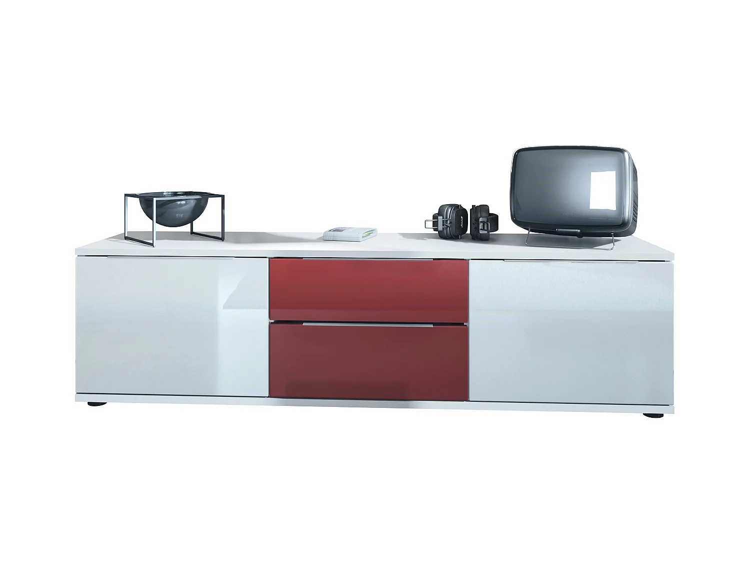 Buffet TV Linio V1, Table de télévision avec 2 portes et 2 tiroirs - Blanc / bordeaux haute brillance (138,5 x 37,5 x 35 cm)