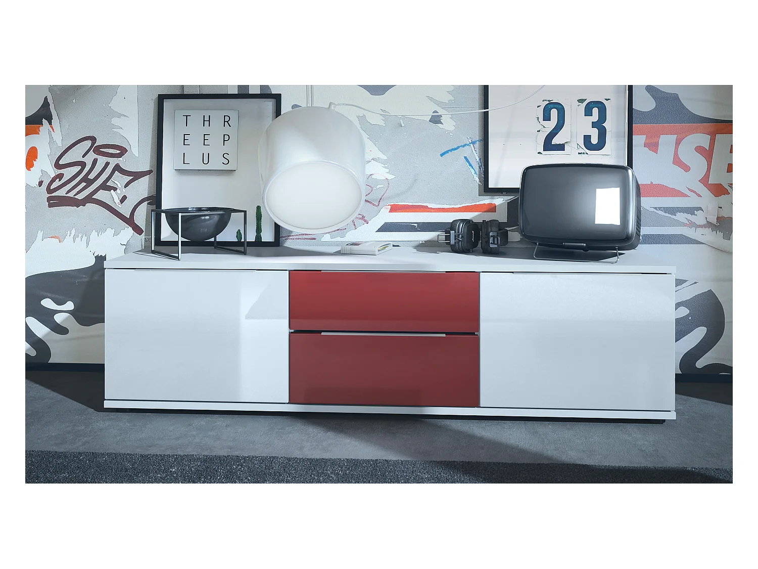 Buffet TV Linio V1, Table de télévision avec 2 portes et 2 tiroirs - Blanc / bordeaux haute brillance (138,5 x 37,5 x 35 cm)