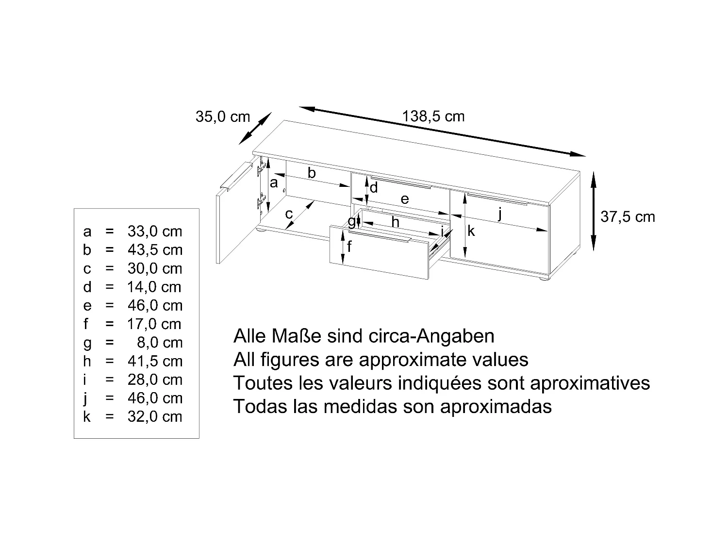 Buffet TV Linio V1, Table de télévision avec 2 portes et 2 tiroirs - Blanc / bordeaux haute brillance (138,5 x 37,5 x 35 cm)