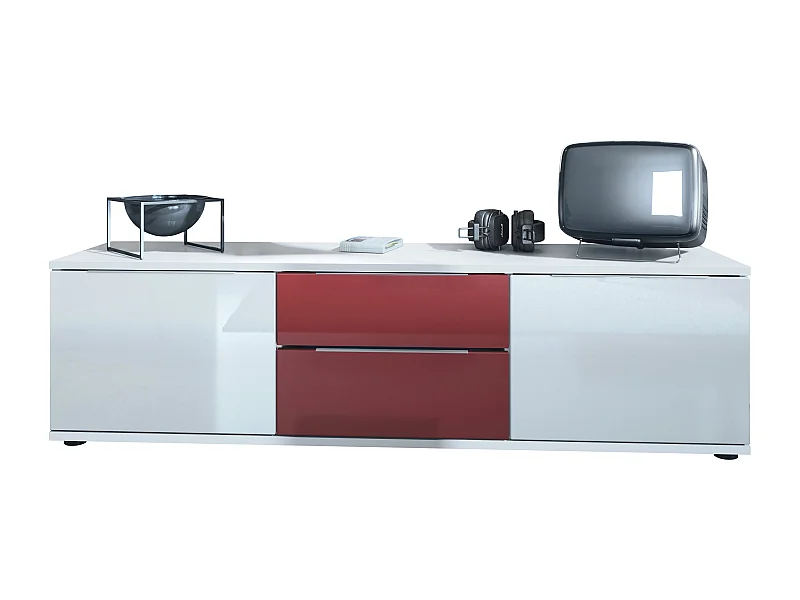 TV lowboard Linio V1, mesa TV con 2 puertas y 2 cajones - Blanco / burdeos de alto brillo (138,5 x 37,5 x 35 cm)