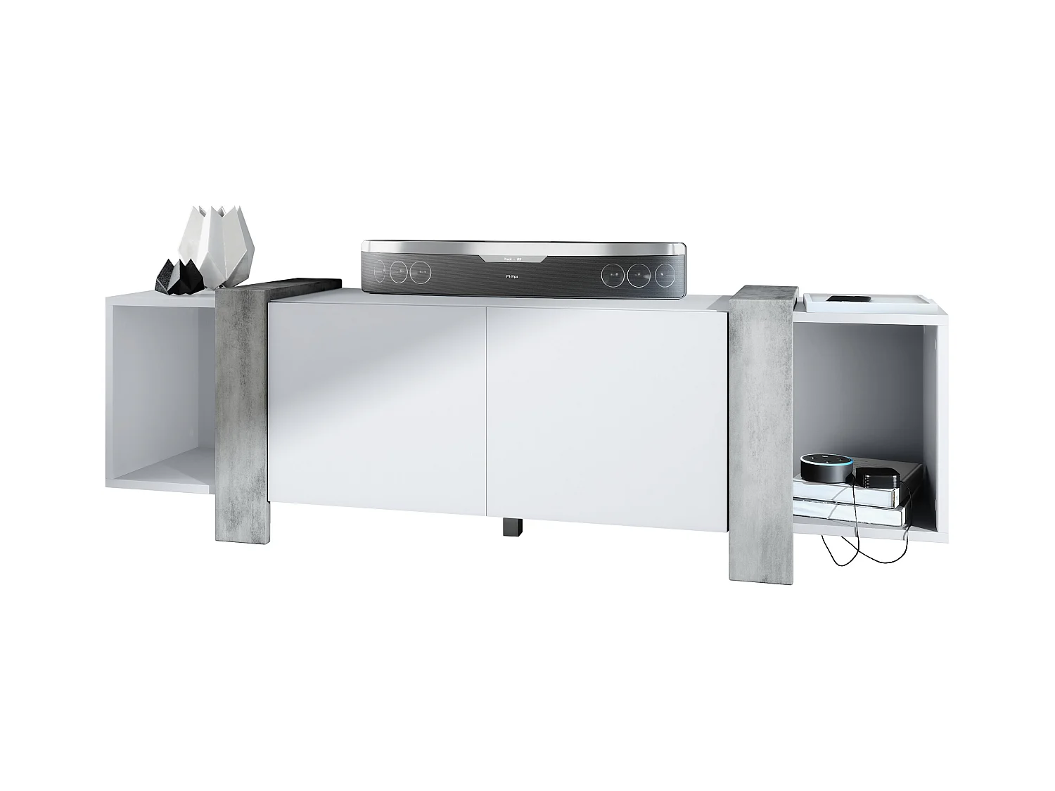 Lowboard Ida 149 x 45,5 x 34 cm Buffet TV avec 4 compartiments et portes PTO, caisson en blanc mat, façades en Aspect Béton Oxyde | Grand choix de couleurs