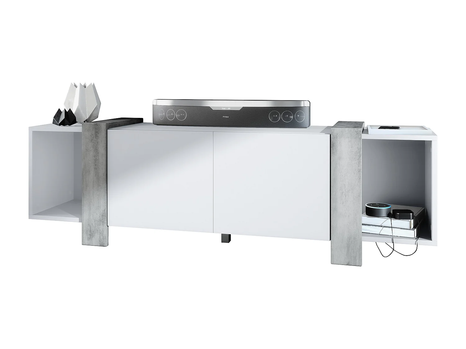 Lowboard Ida 149 x 45,5 x 34 cm Buffet TV avec 4 compartiments et portes PTO, caisson en blanc mat, façades en Aspect Béton Oxyde | Grand choix de couleurs