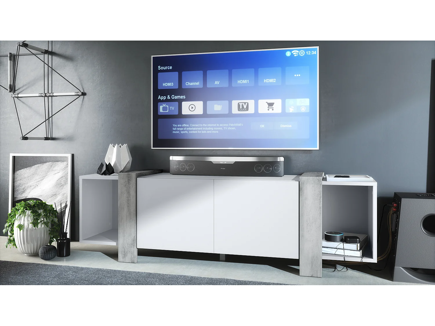 Lowboard Ida 149 x 45,5 x 34 cm Buffet TV avec 4 compartiments et portes PTO, caisson en blanc mat, façades en Aspect Béton Oxyde | Grand choix de couleurs