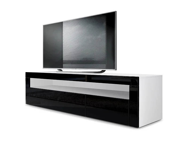 Buffet bas Valencia, Meuble TV avec 1 compartiment ouvert et 2 clapets, Blanc mat/noir haute brillance/noir haute brillance (155 x 46 x 40 cm)