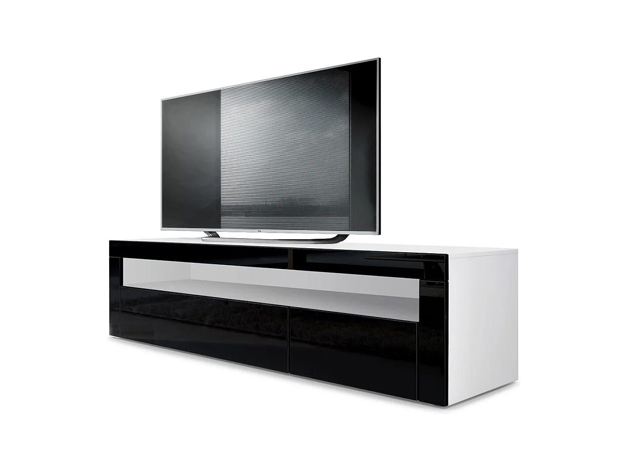 Buffet bas Valencia, Meuble TV avec 1 compartiment ouvert et 2 clapets, Blanc mat/noir haute brillance/noir haute brillance (155 x 46 x 40 cm)