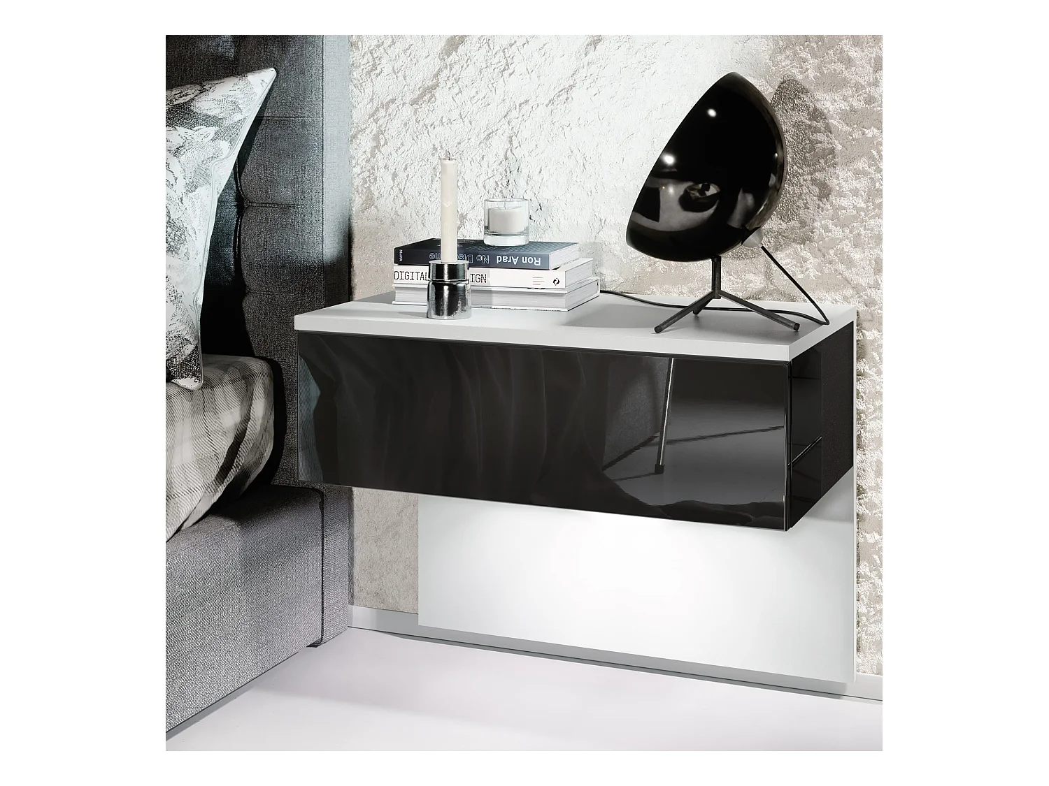 Table de chevet Sleep, Table de nuit à fixation murale avec tiroir, Blanc mat/Noir haute brillance, éclairage LED inclus (60 x 46 x 35 cm)