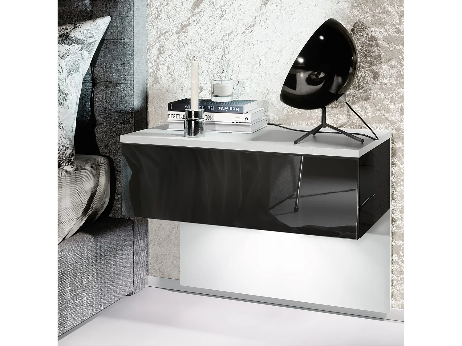 Table de chevet Sleep, Table de nuit à fixation murale avec tiroir, Blanc mat/Noir haute brillance, éclairage LED inclus (60 x 46 x 35 cm)