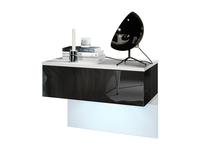 Table de chevet Sleep, Table de nuit à fixation murale avec tiroir, Blanc mat/Noir haute brillance, éclairage LED inclus (60 x 46 x 35 cm)