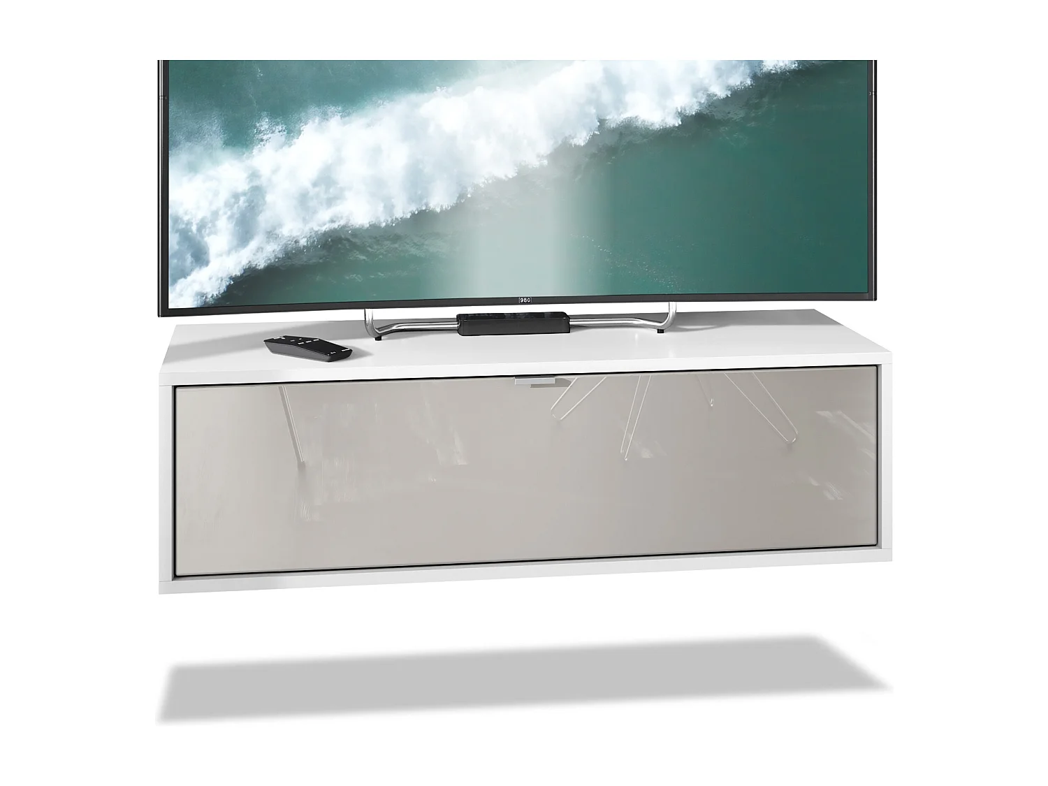 Meuble TV Lana 100 armoire murale lowboard 100 x 29 x 37 cm, caisson en Blanc mat, façades en Gris sable haute brillance | Grand choix de couleurs