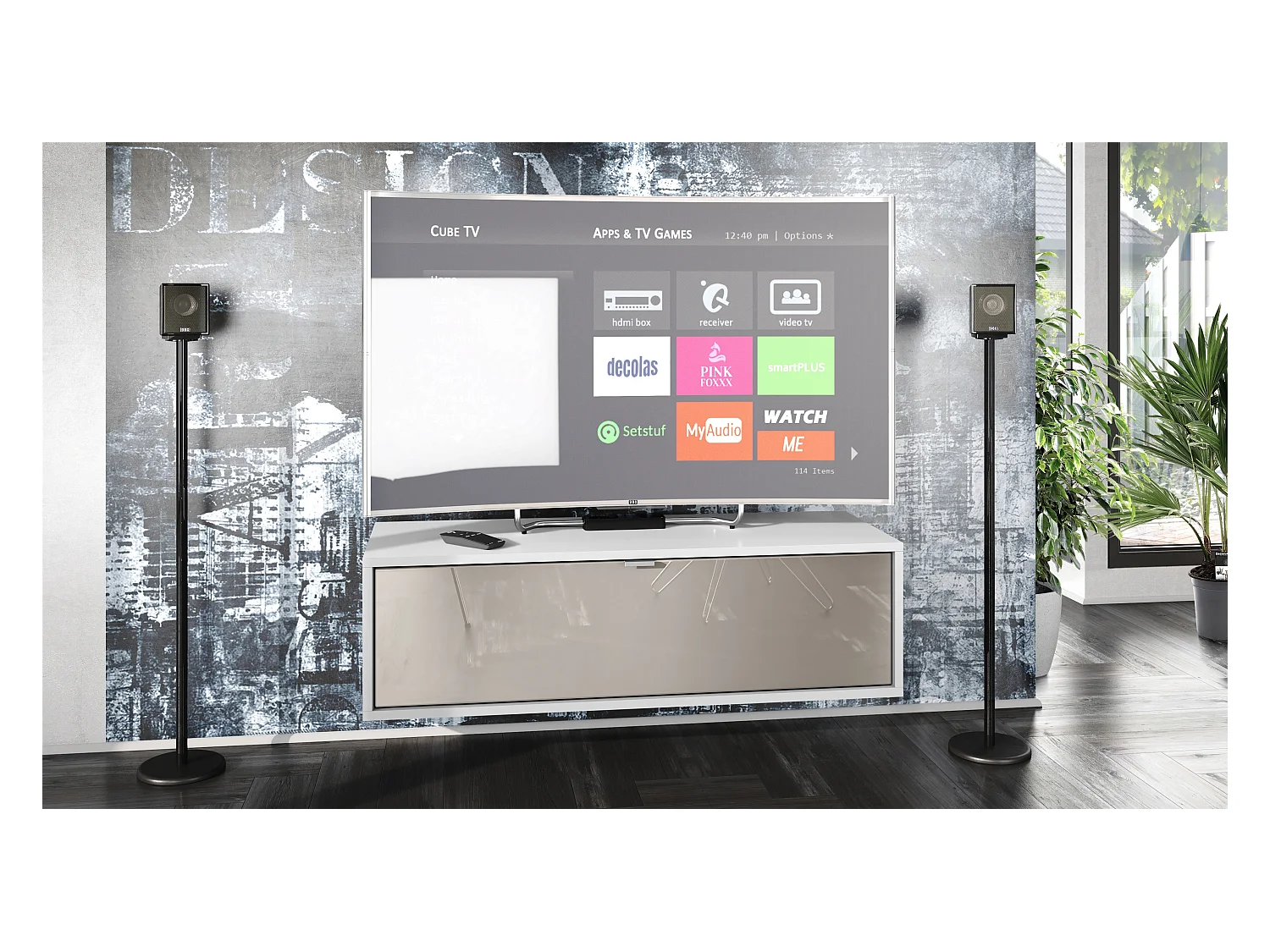 Meuble TV Lana 100 armoire murale lowboard 100 x 29 x 37 cm, caisson en Blanc mat, façades en Gris sable haute brillance | Grand choix de couleurs