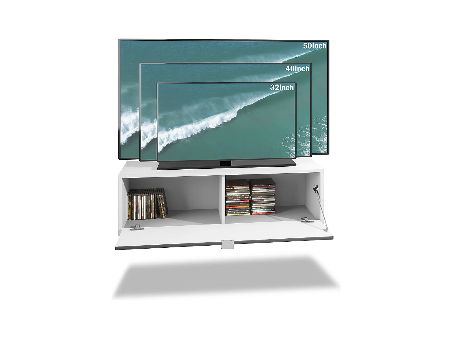 Meuble TV Lana 100 armoire murale lowboard 100 x 29 x 37 cm, caisson en Blanc mat, façades en Gris sable haute brillance | Grand choix de couleurs