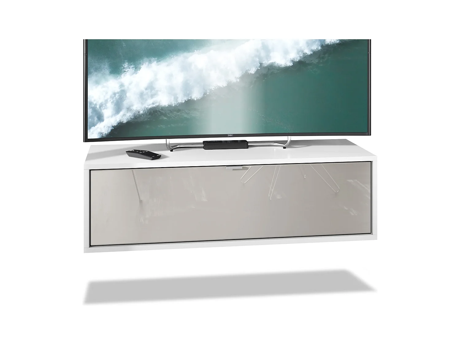 Meuble TV Lana 100 armoire murale lowboard 100 x 29 x 37 cm, caisson en Blanc mat, façades en Gris sable haute brillance | Grand choix de couleurs